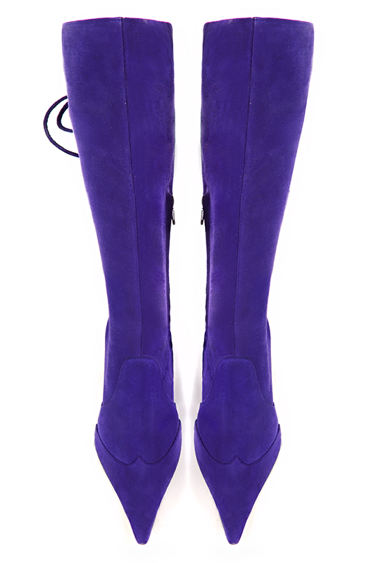 Violet purple women's knee-high boots, with laces at the back. Pointed toe. High block heels. Made to measure. Top view - Florence KOOIJMAN